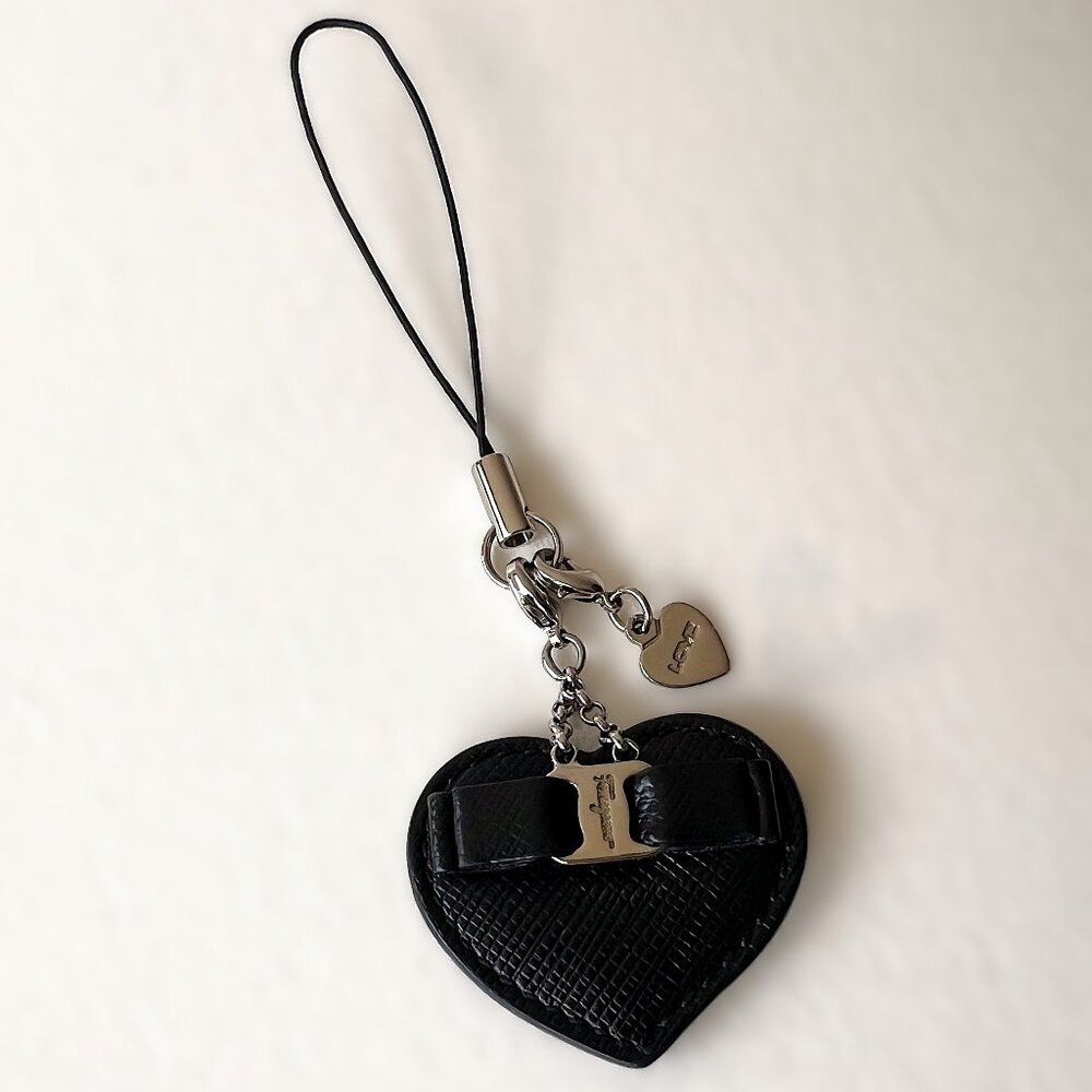 Salvatore Ferragamo Black Leather Cell Phone Charms Heart Shape with Bow